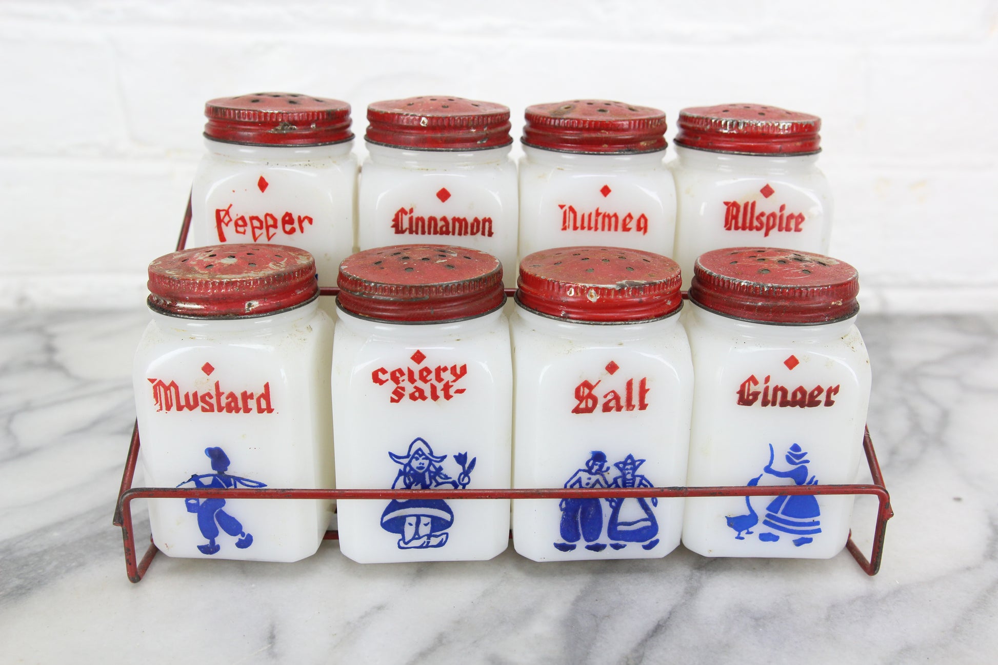 VINTAGE 13 PIECE MILK GLASS AND WOOD SPICE SET DOVE SPICES DECORATED JARS