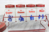 Eight Piece Milk Glass Spice Jar Set with Rack, Hand-Painted