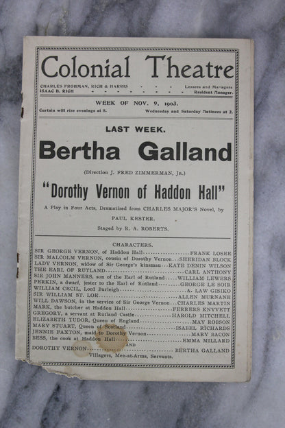 Antique Playbill from Colonial Theatre, Boston, Week of Nov. 9, 1903