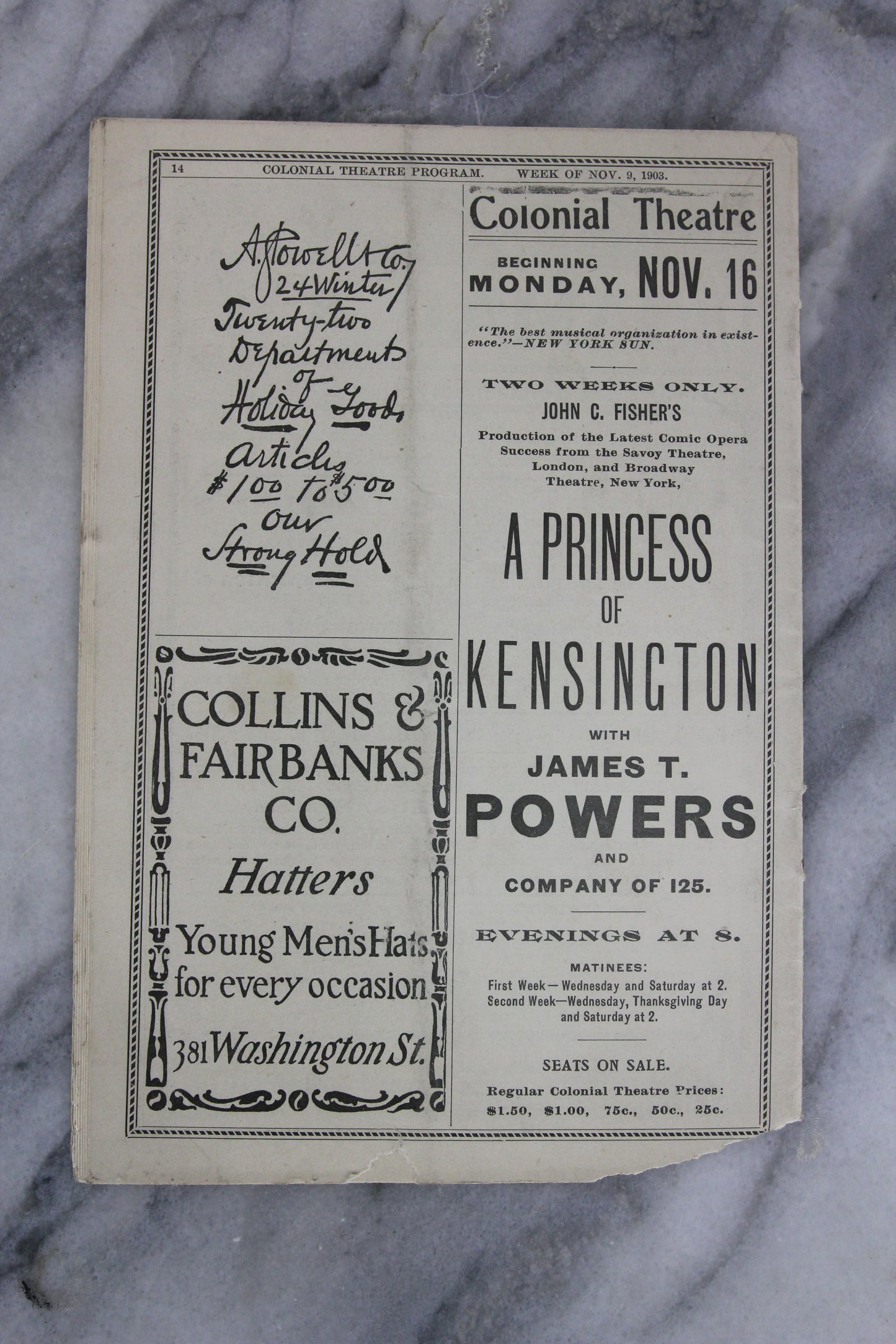 Antique Playbill from Colonial Theatre, Boston, Week of Nov. 9, 1903