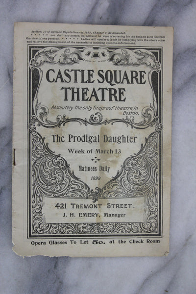 Antique Playbill from Castle Square Theatre, Boston, Week of March 13, 1899