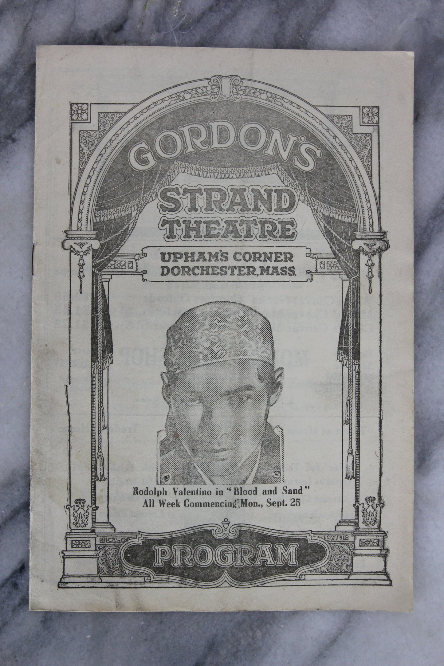 Antique Playbill from Gordon's Strand Theatre, Dorchester, Boston - Rudloph Valentino in "Blood and Sand"