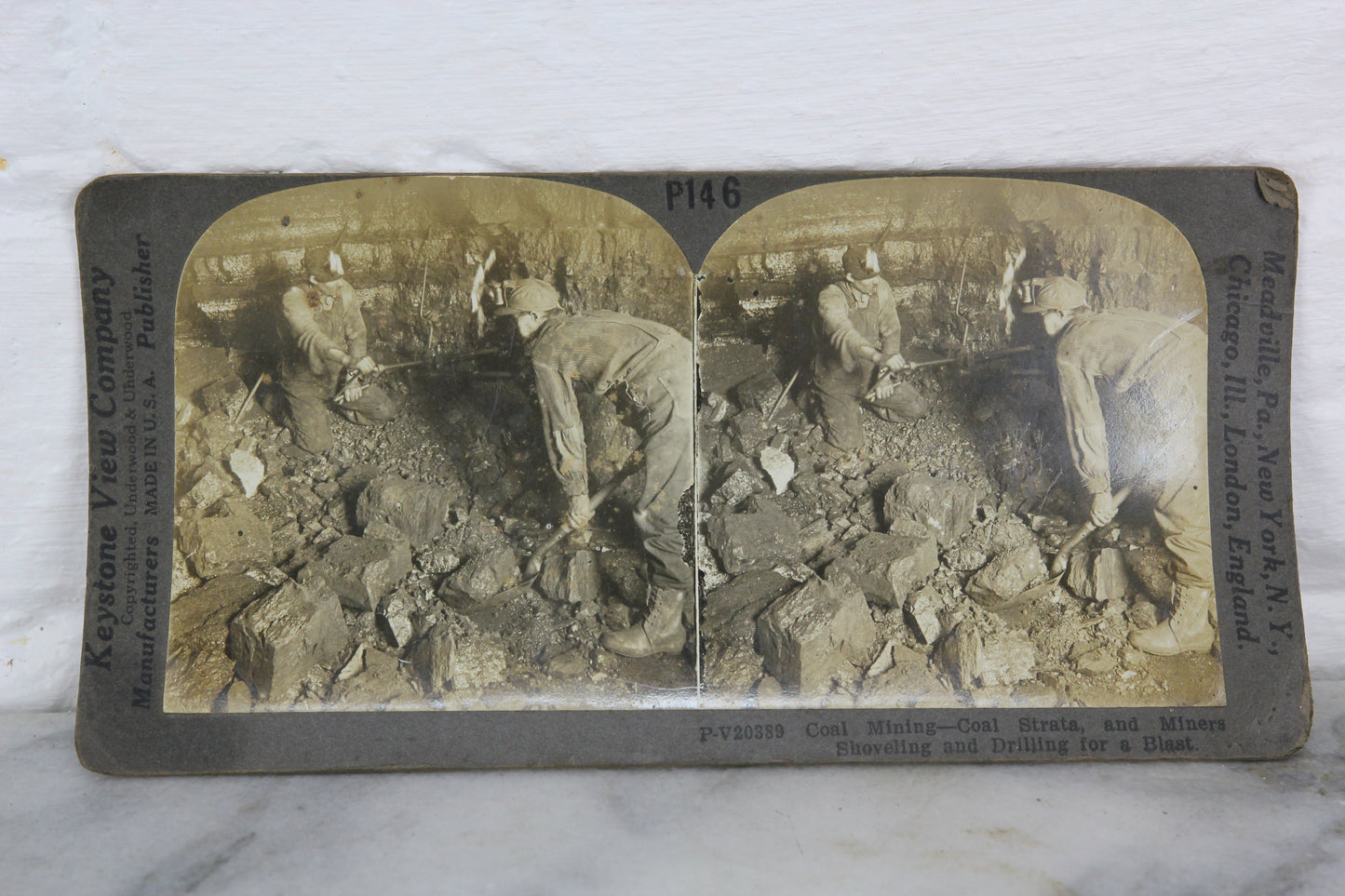 Coal Miners Shovelling and Drilling for a Blast - Keystone Stereo Card