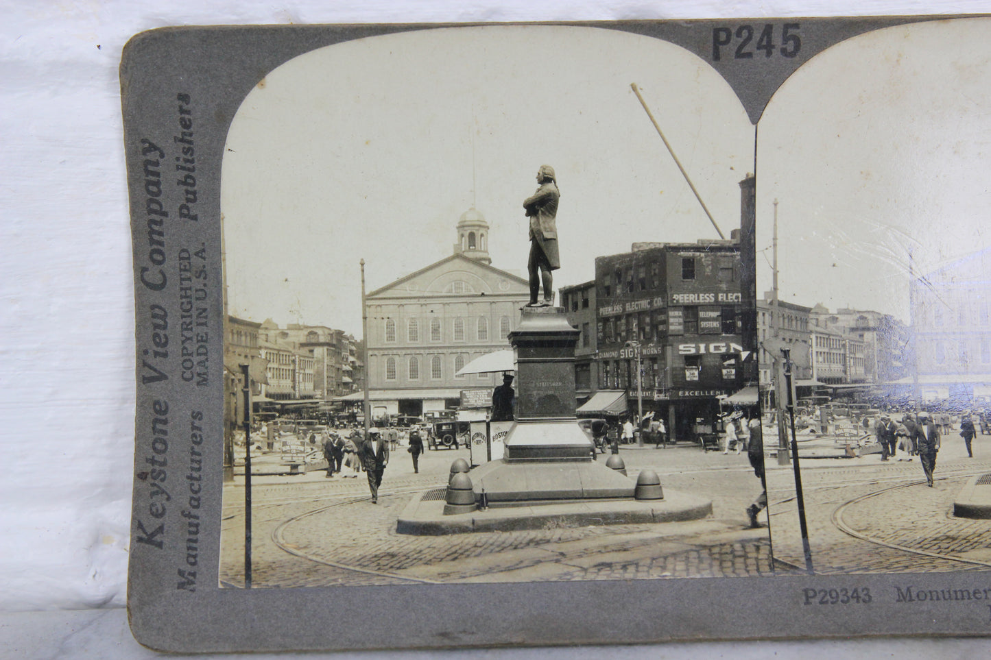 Monument of Samuel Adams and Old Faneuil Hall, Boston, Mass. - Keystone Stereo Card