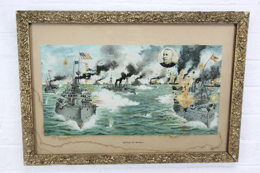 Battle of Manila Bay Lithograph Print, Spanish-American War by F. Fetherston - 19.5" x 13.75"