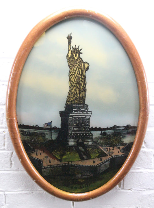 Folk Art Reverse Painting of the Statue of Liberty in Bubble Frame - 15" x 21"