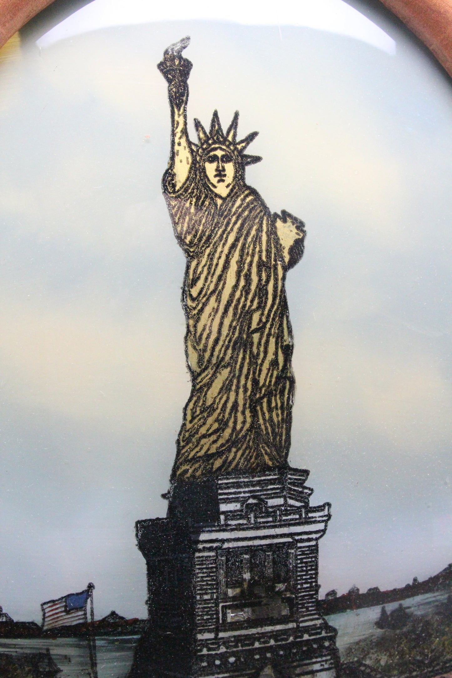 Folk Art Reverse Painting of the Statue of Liberty in Bubble Frame - 15" x 21"