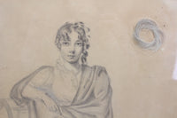 Antique French Pencil Drawing of a Young Woman with a Lock of Her Blonde Hair - 13" x 16.5"