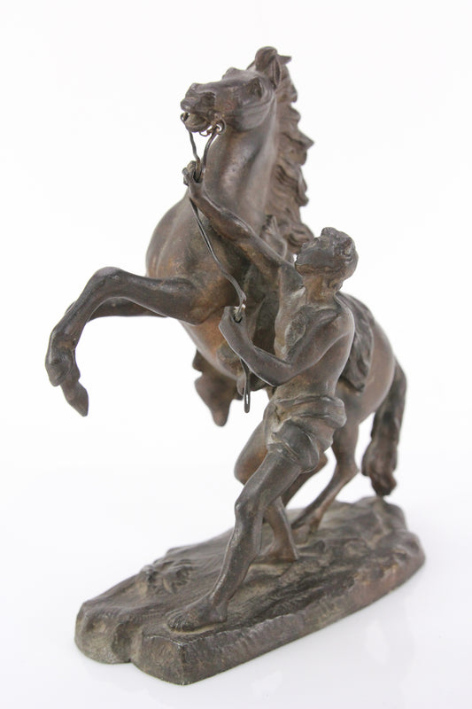 Antique Bronzed Metal Clock Topper Statue of Bucking Horse and Native Man