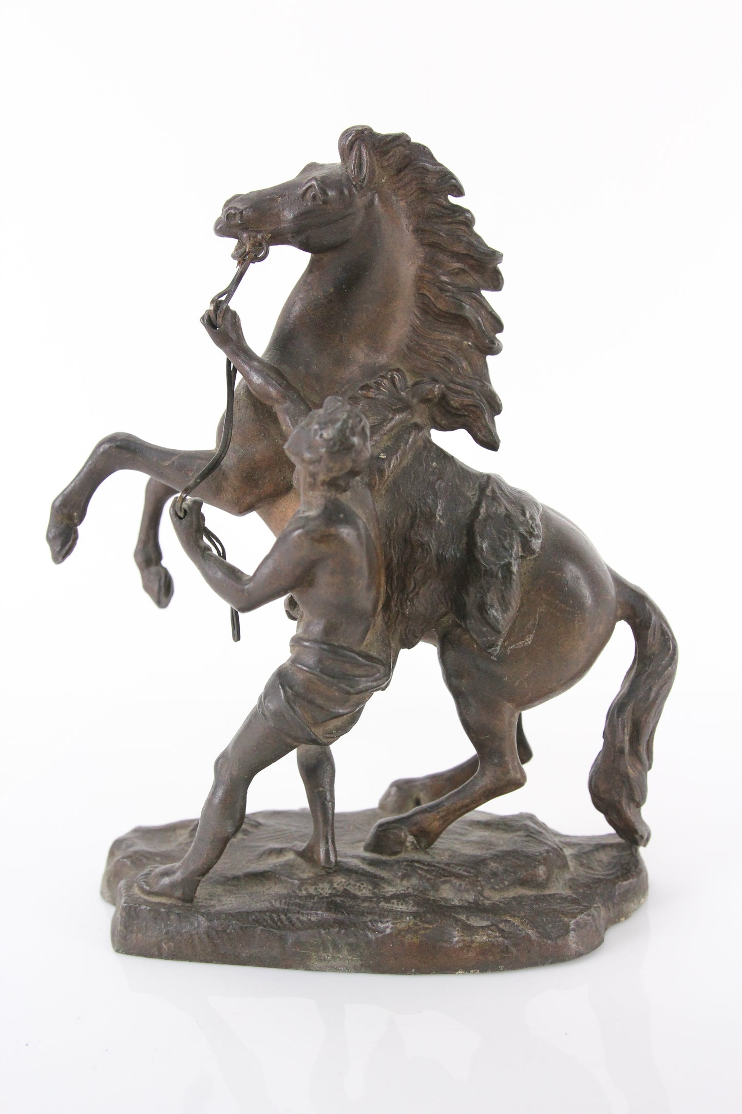 Antique Bronzed Metal Clock Topper Statue of Bucking Horse and Native Man