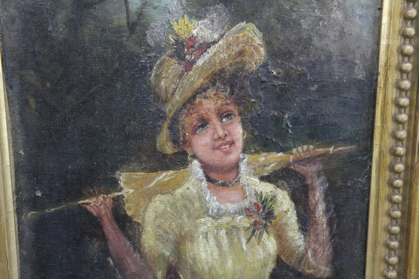 19th Century Oil Painting on Canvas of a Woman in Ornate Wood Frame - 13" x 19"