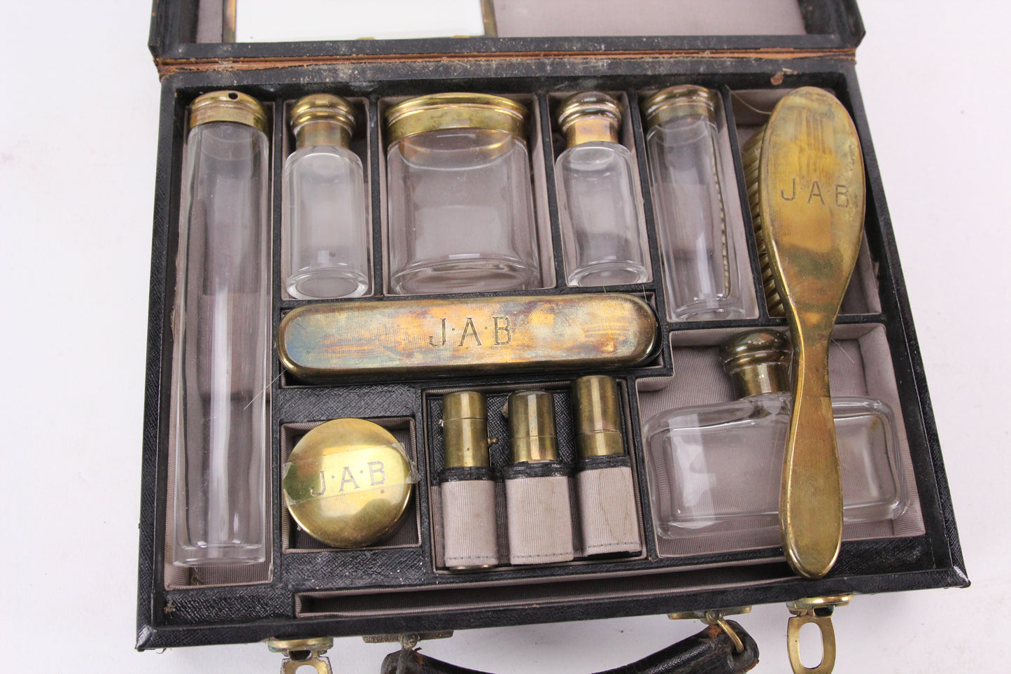 Antique Leather Cased Travel Grooming and Dresser Kit Monogrammed J.A.B.