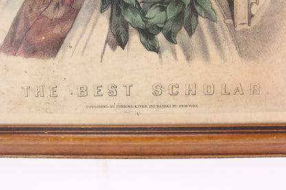Hand-Colored Lithograph Print, "The Best Scholar" by Currier & Ives - 12.5 x 16.5"