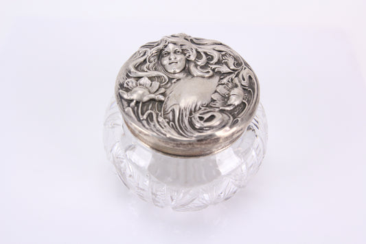 Crystal Dresser Box with Sterling Silver Art Nouveau Woman Head Top