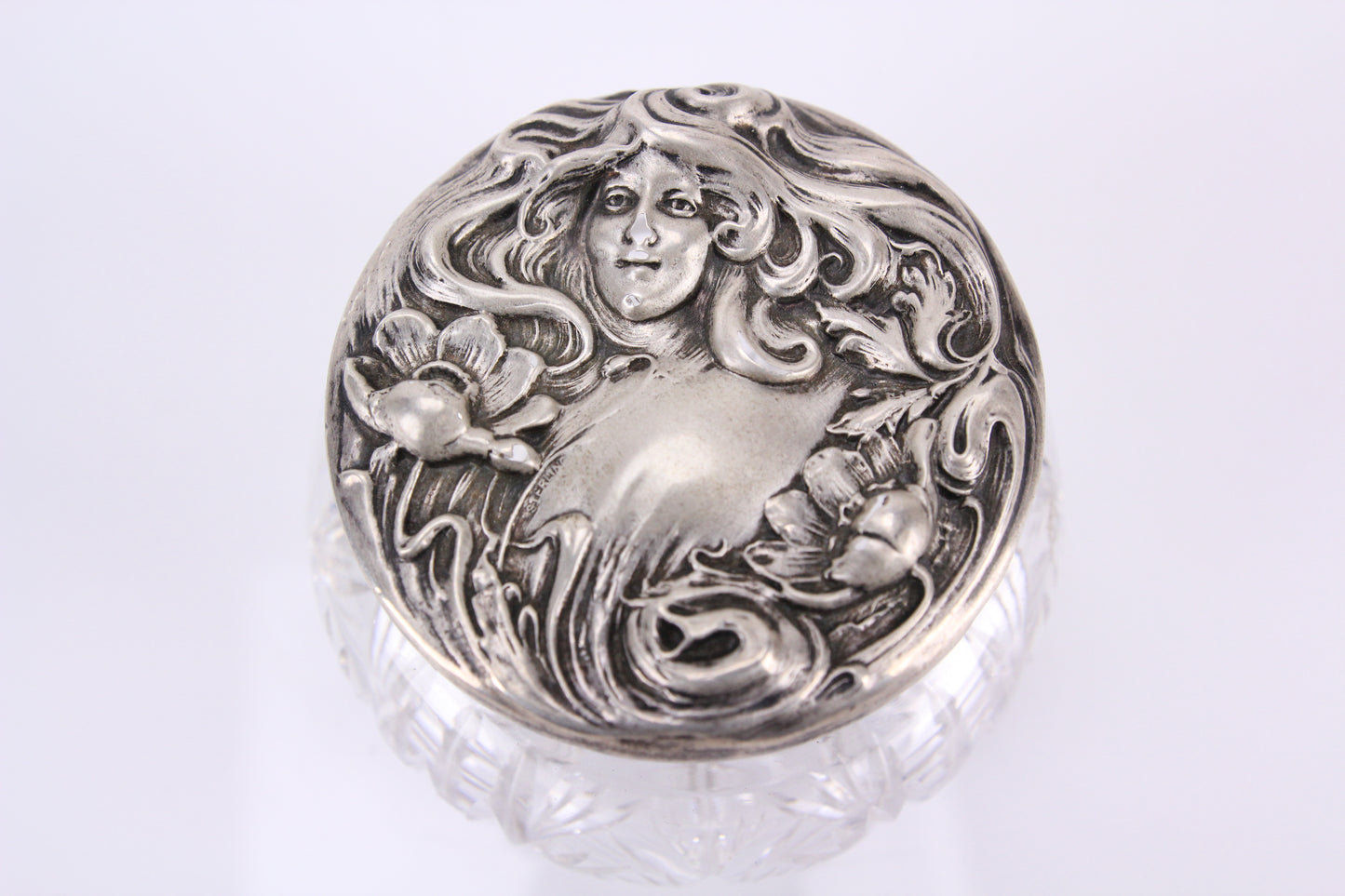 Crystal Dresser Box with Sterling Silver Art Nouveau Woman Head Top