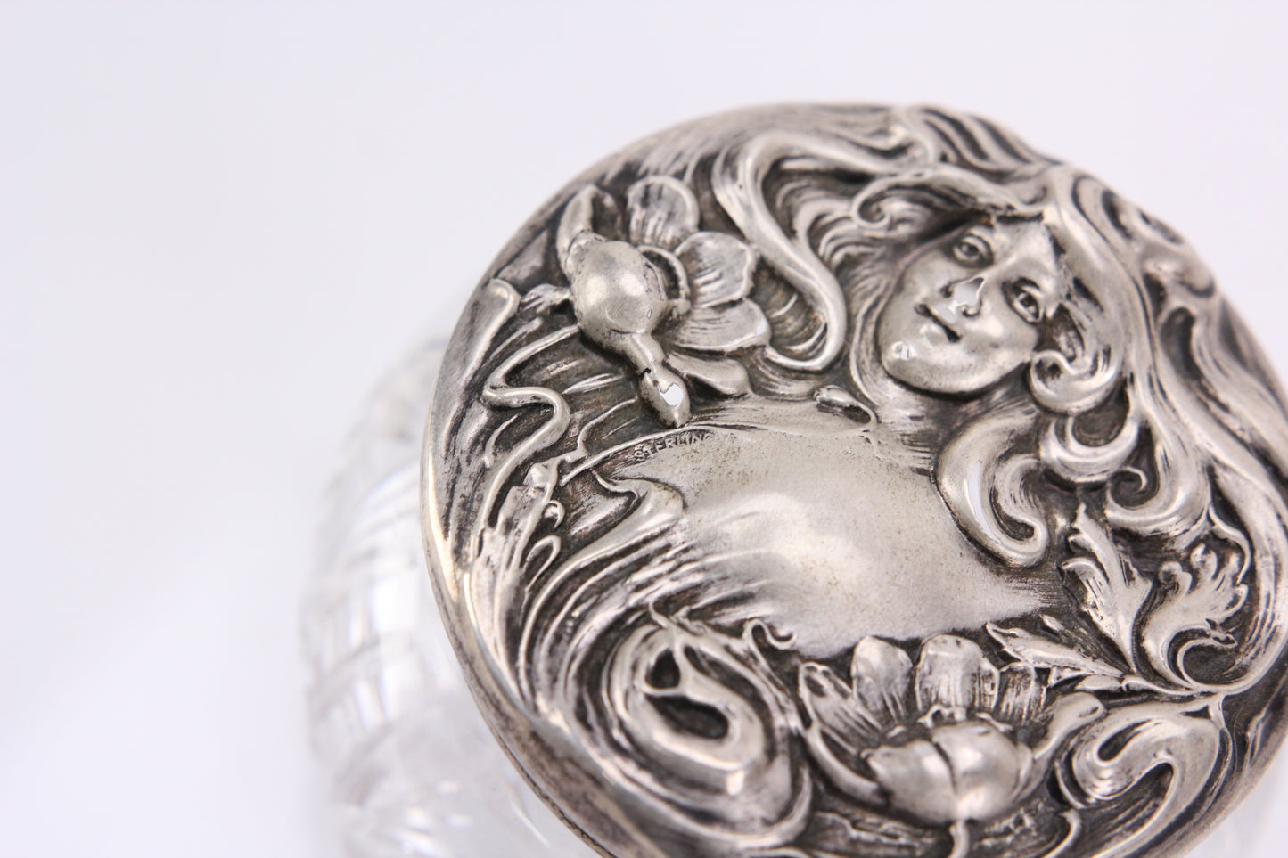 Crystal Dresser Box with Sterling Silver Art Nouveau Woman Head Top