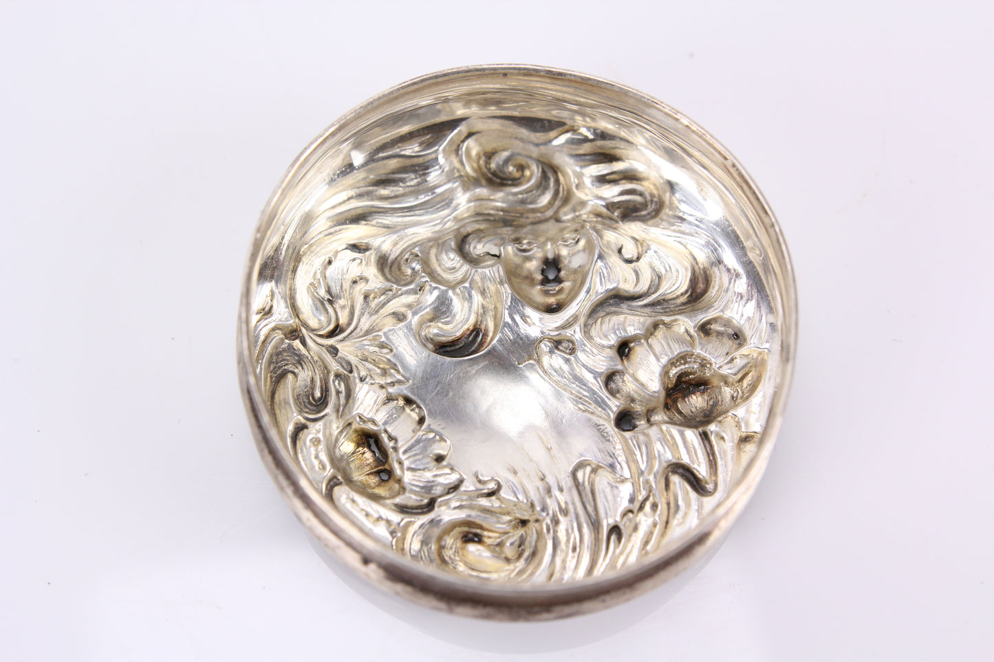 Crystal Dresser Box with Sterling Silver Art Nouveau Woman Head Top