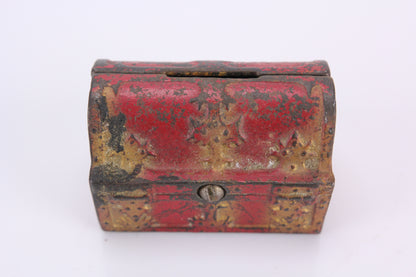 Antique Cast Iron Hand Painted Red Treasure Chest Trunk Still Coin Bank