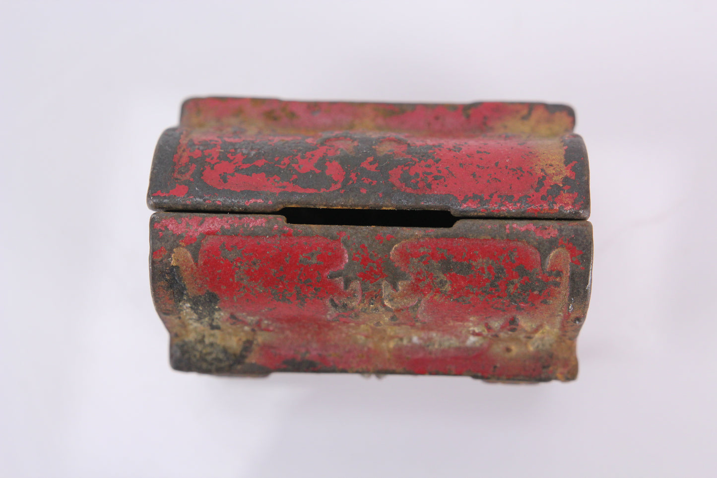 Antique Cast Iron Hand Painted Red Treasure Chest Trunk Still Coin Bank