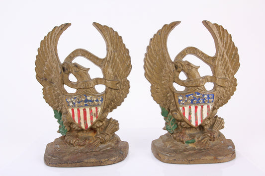 Hand Painted Americana E Plurbus Unum Cast Iron Eagle Bookends with US Shield