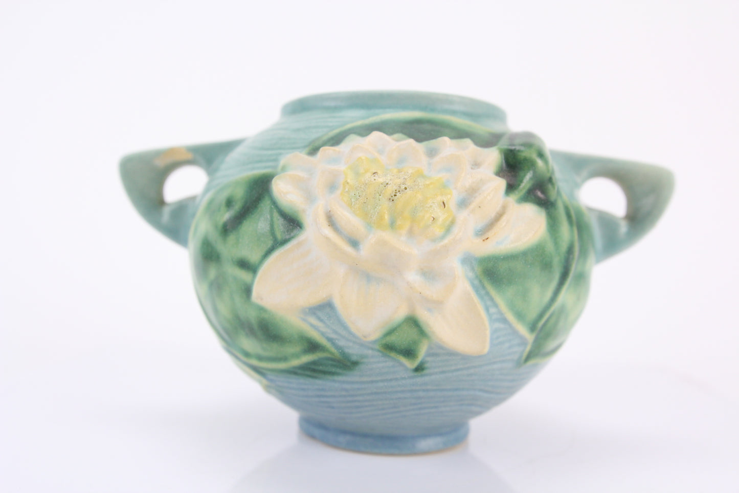 Roseville Pottery 437-11 4" Blue Lily Two-Handled Vase Planter (With Chip)