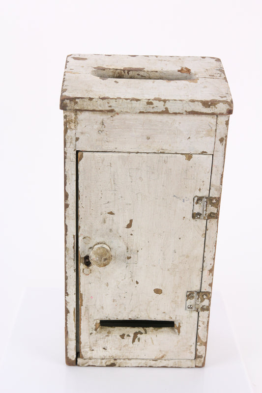 Primitive Antique White Painted Wooden Mail Ballot Box with Hinged Door