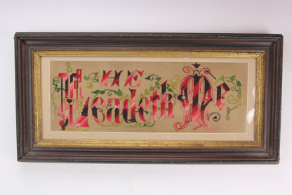 Antique Victorian Framed He Leadeth Me Punchwork Needlepoint Embroidery
