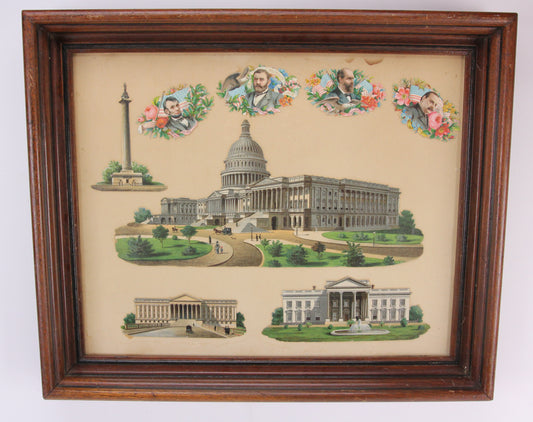 Antique Framed Washington DC Landmark Die Cuts and Presidential Valentines