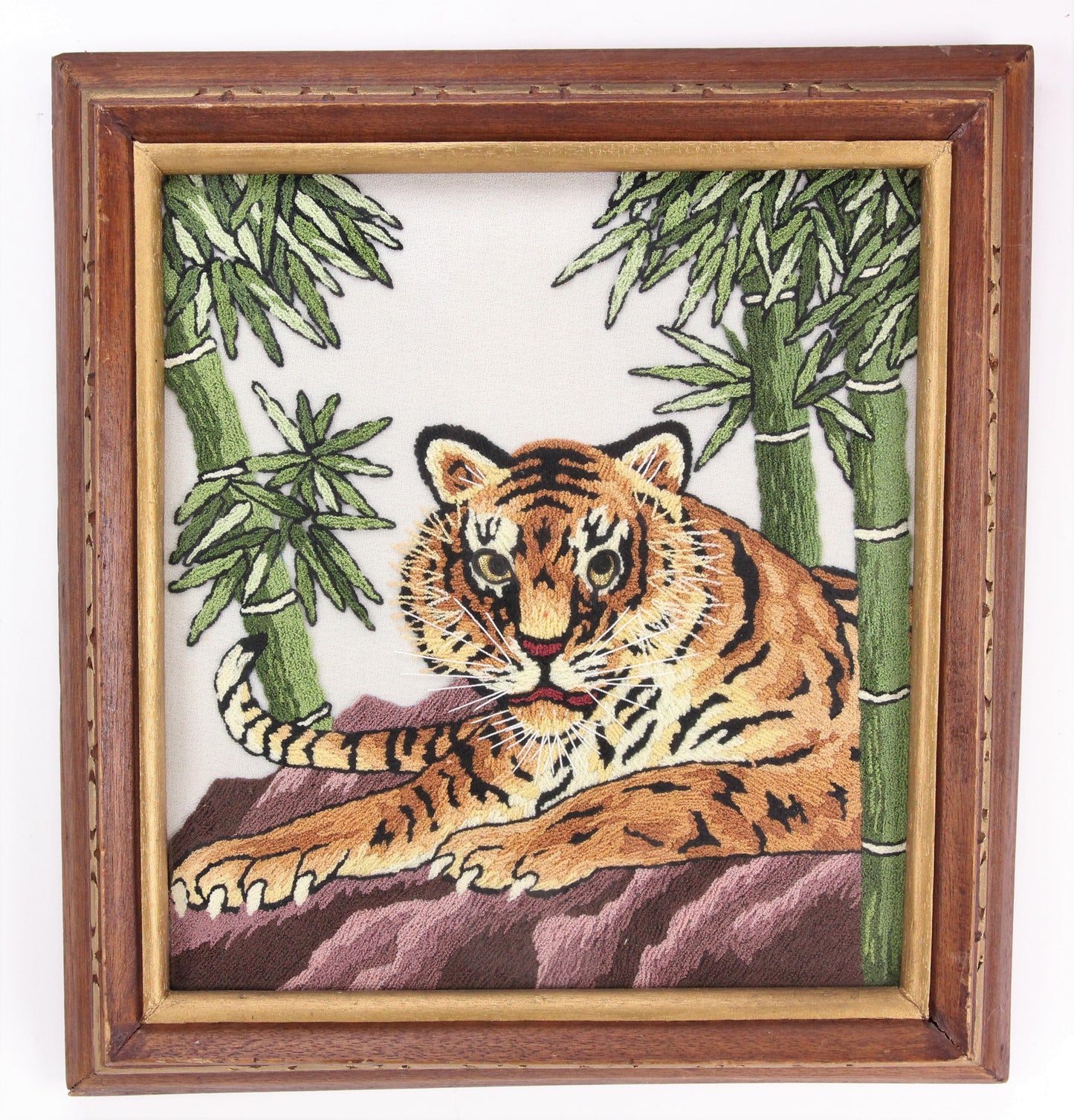 Vintage 1970s Framed Embroidered Tiger Wall Art - 14 x 15"