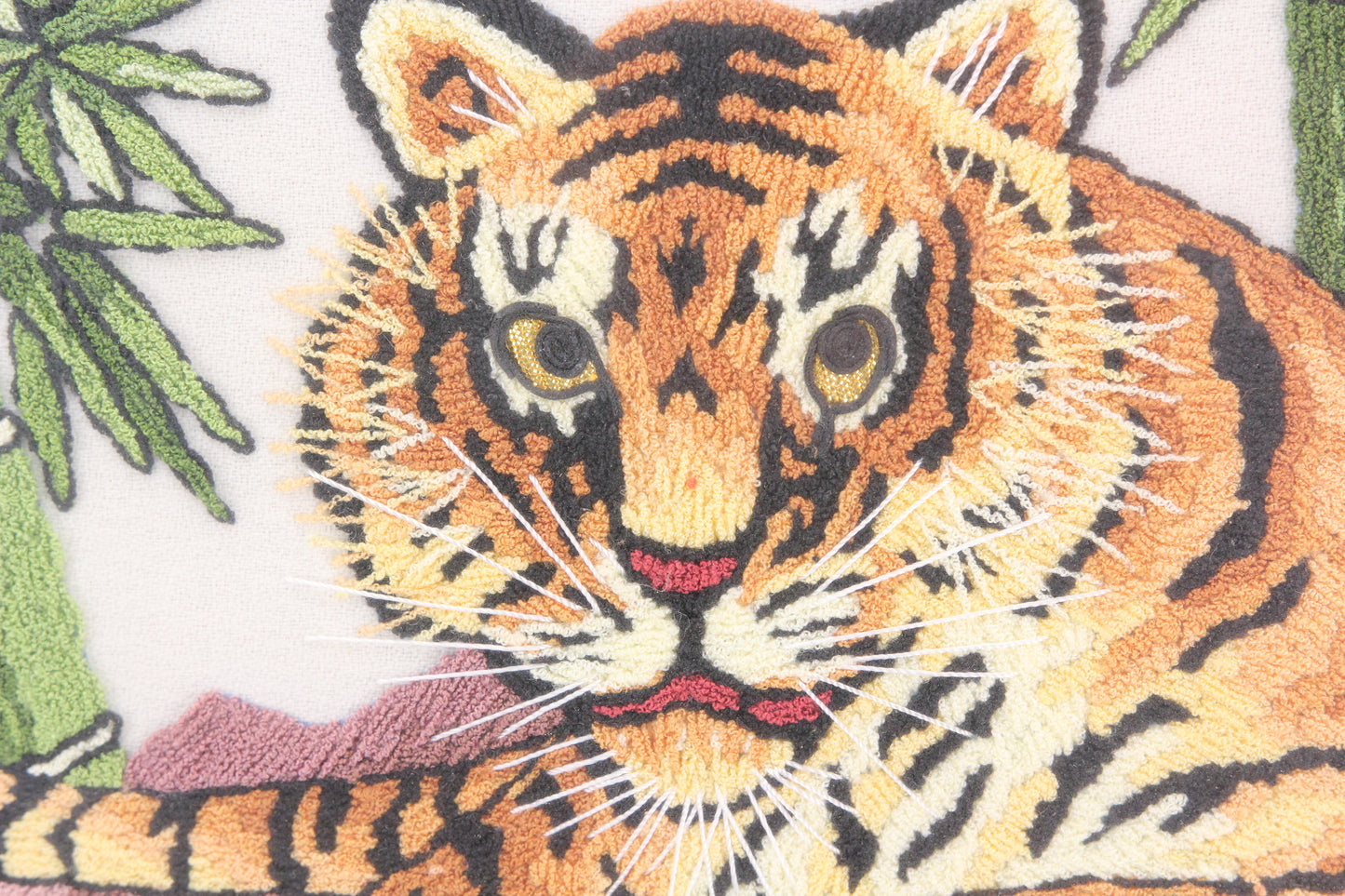 Vintage 1970s Framed Embroidered Tiger Wall Art - 14 x 15"