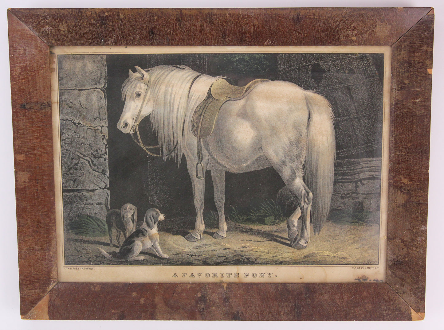 Antique Framed N. Currier Lithograph Print "A Favorite Pony" by J. Schutz