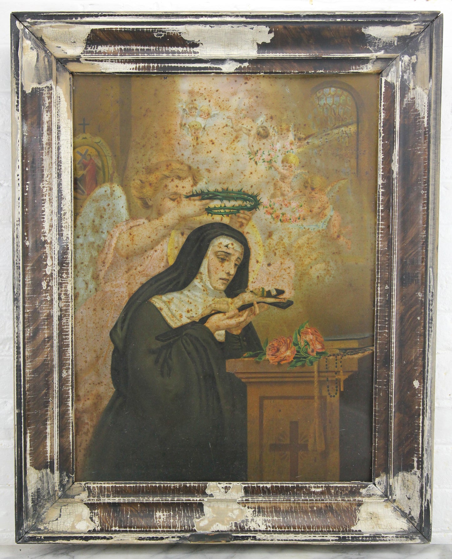 Antique St. Rita Tin Lithograph in Frame, Circa 1900 - 23" x 29