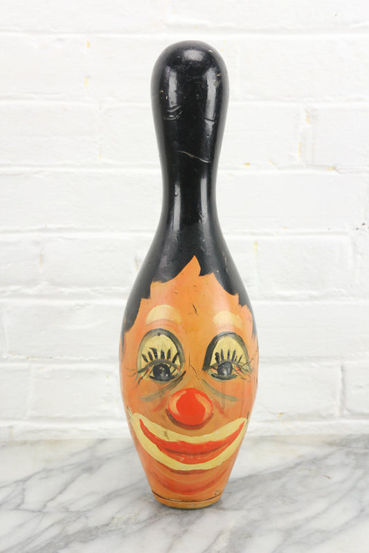 Hand-Painted Clown Face Antique Wooden Bowling Pin