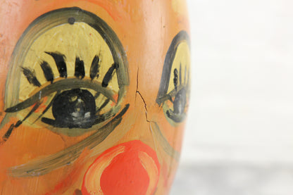 Hand-Painted Clown Face Antique Wooden Bowling Pin