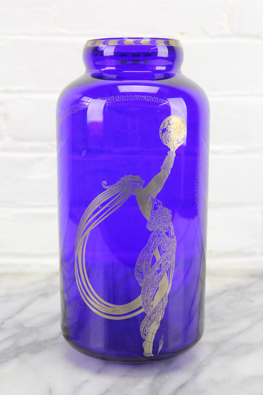 Art Deco Silver on Cobalt Glass "Fireflies" Vase by Erte, Franklin Mint, 1988