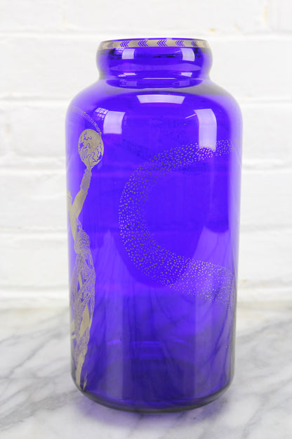 Art Deco Silver on Cobalt Glass "Fireflies" Vase by Erte, Franklin Mint, 1988
