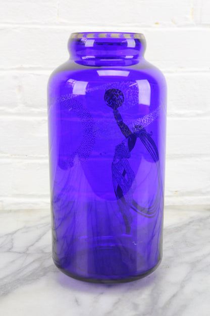 Art Deco Silver on Cobalt Glass "Fireflies" Vase by Erte, Franklin Mint, 1988