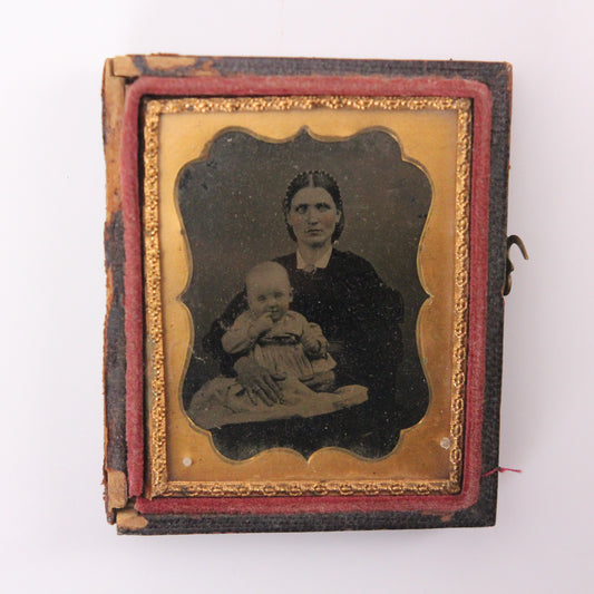 Tintype Photograph of Mother and Child in Half Case (1/9 Plate)