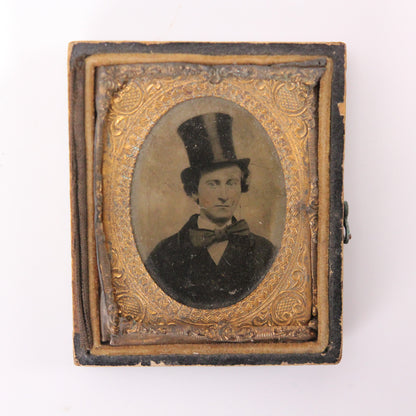 Ambrotype Photograph of a Young Man in a Top Hat and Bowtie in Case (1/9 Plate)