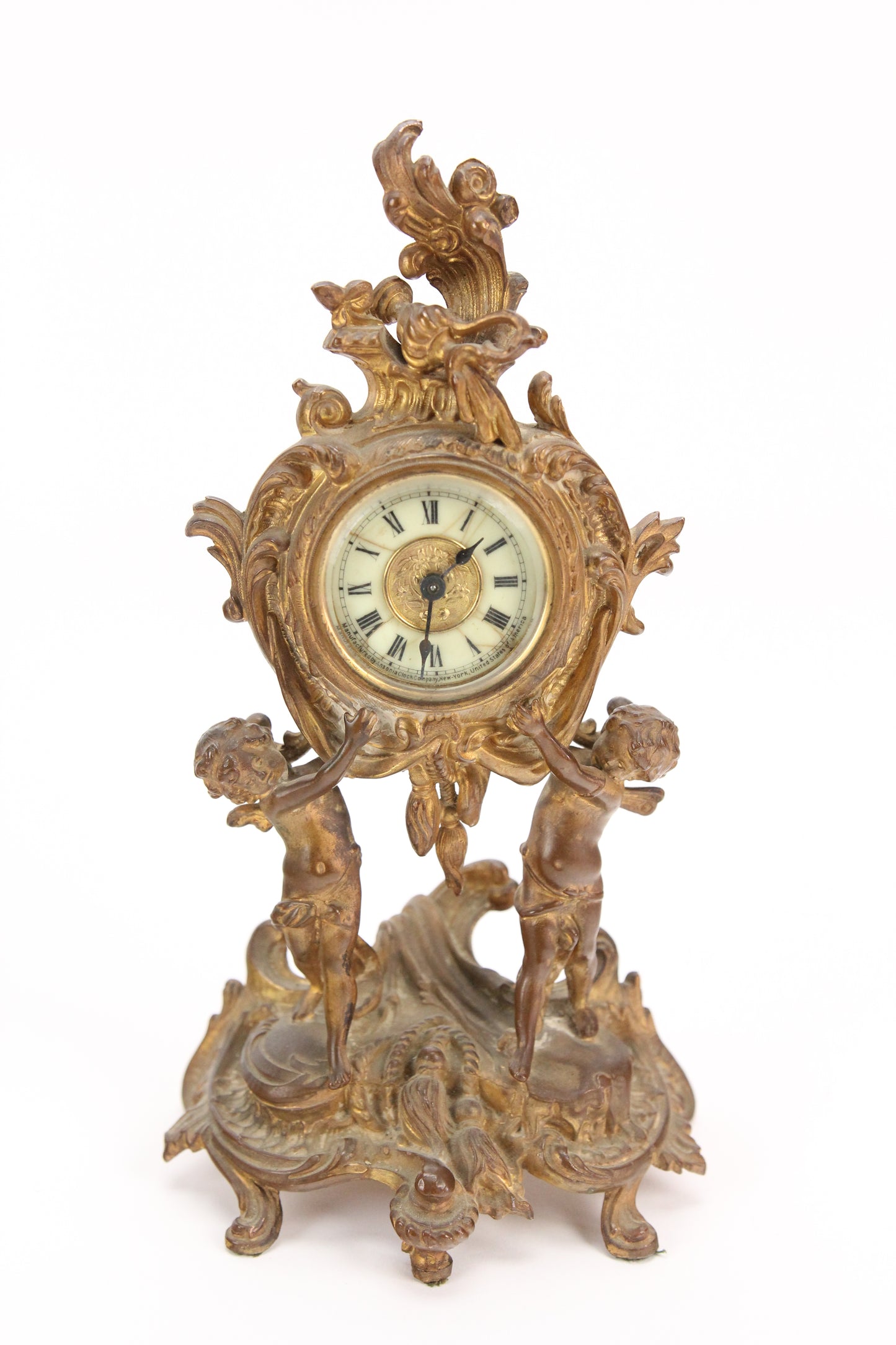 Antique Ansonia Ornate Gold Brass Colored Metal Clock with Cherubs, 10.25"