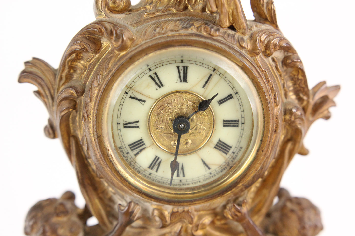 Antique Ansonia Ornate Gold Brass Colored Metal Clock with Cherubs, 10.25"