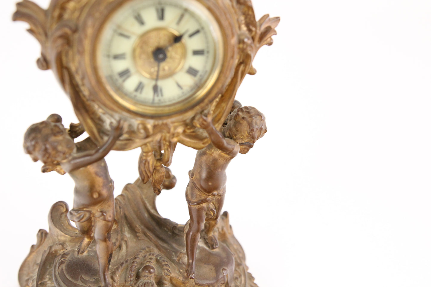 Antique Ansonia Ornate Gold Brass Colored Metal Clock with Cherubs, 10.25"