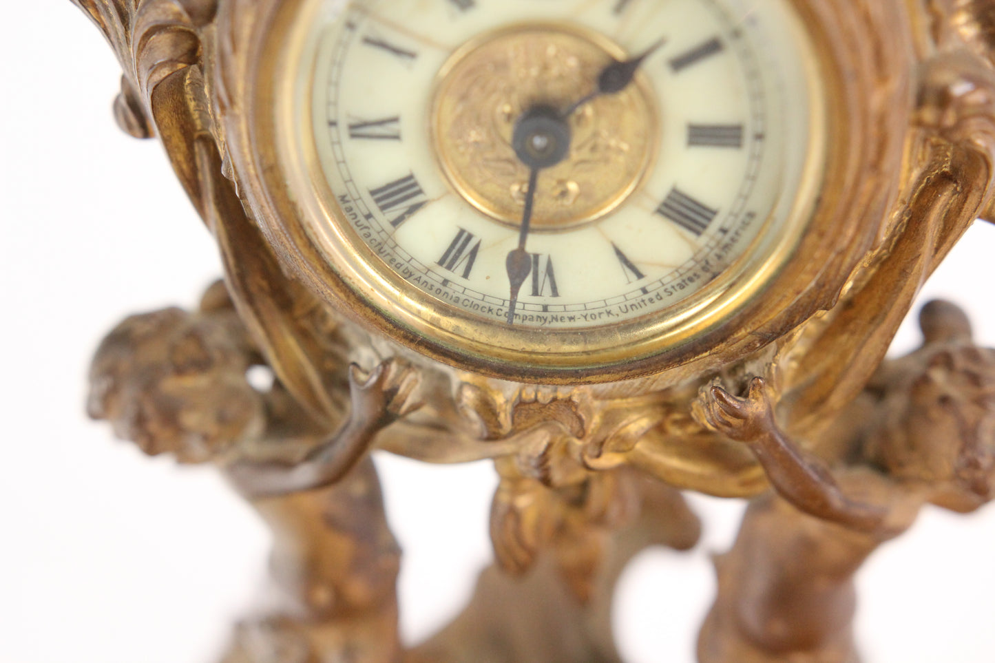 Antique Ansonia Ornate Gold Brass Colored Metal Clock with Cherubs, 10.25"