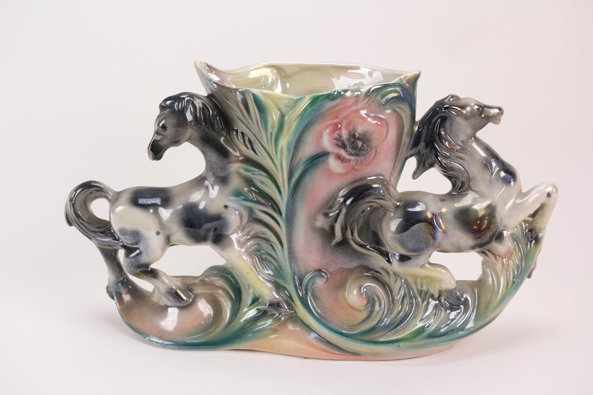 Vintage Lusterware Colorful Double Horse Planter Vase, Made in Italy Memory Hole Vintage