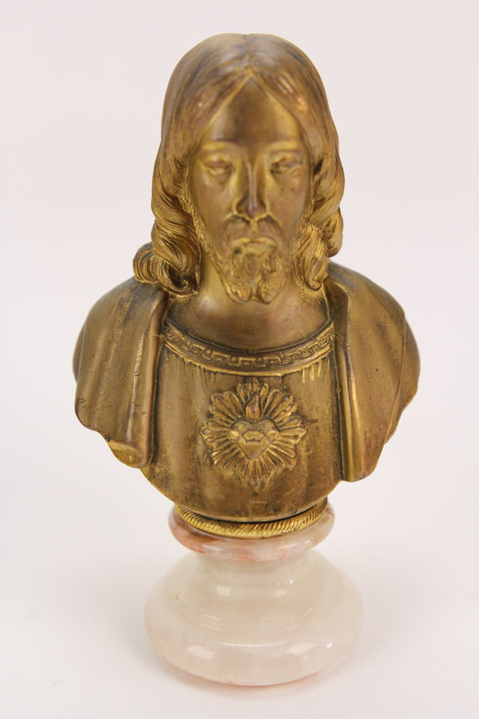 Brass Colored Metal Jesus Bust with Sacred Heart on Alabaster Base