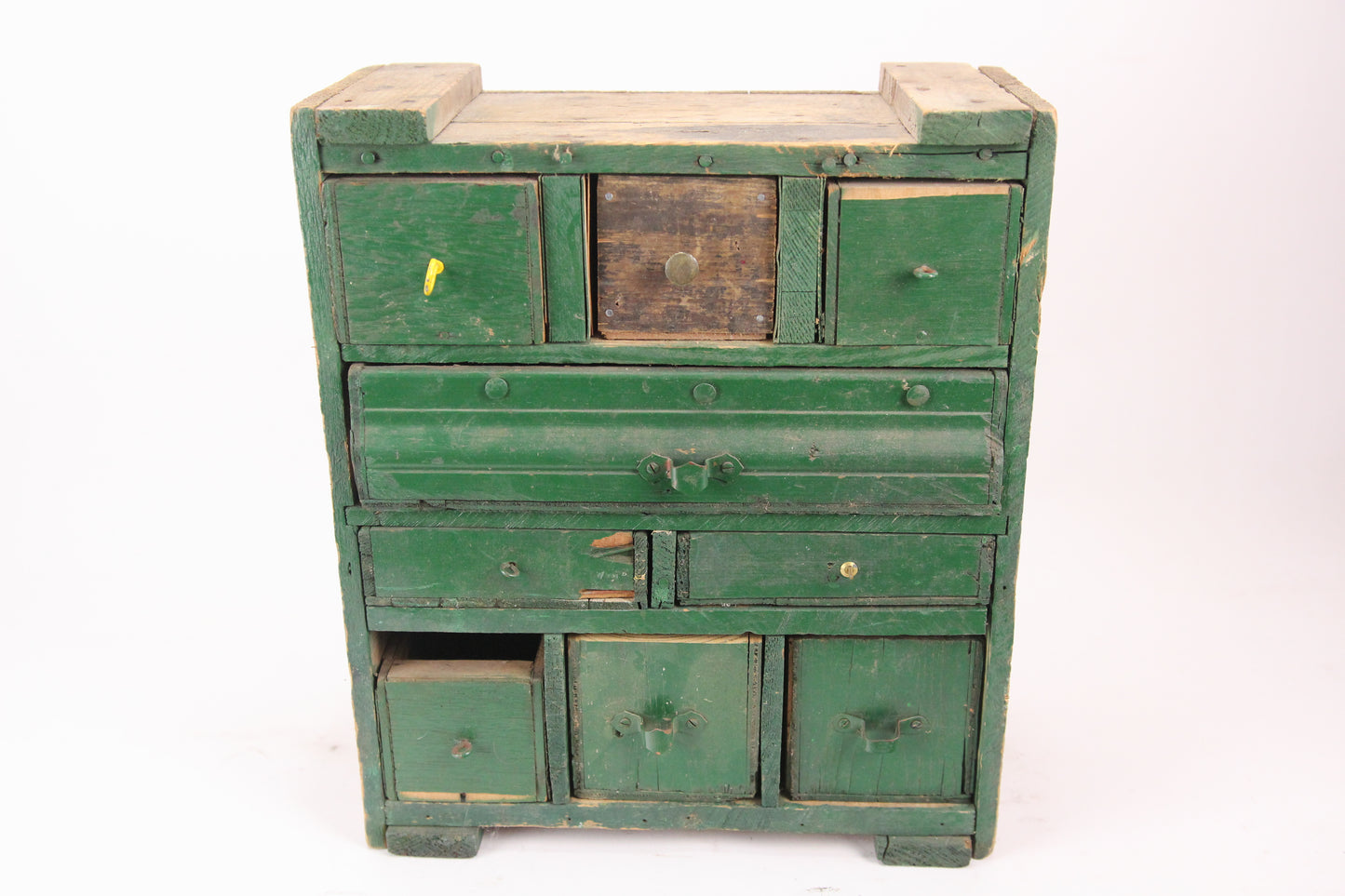 Antique Folk Art Multi Drawer Cabinet Made Out of Old Crates in Green Paint