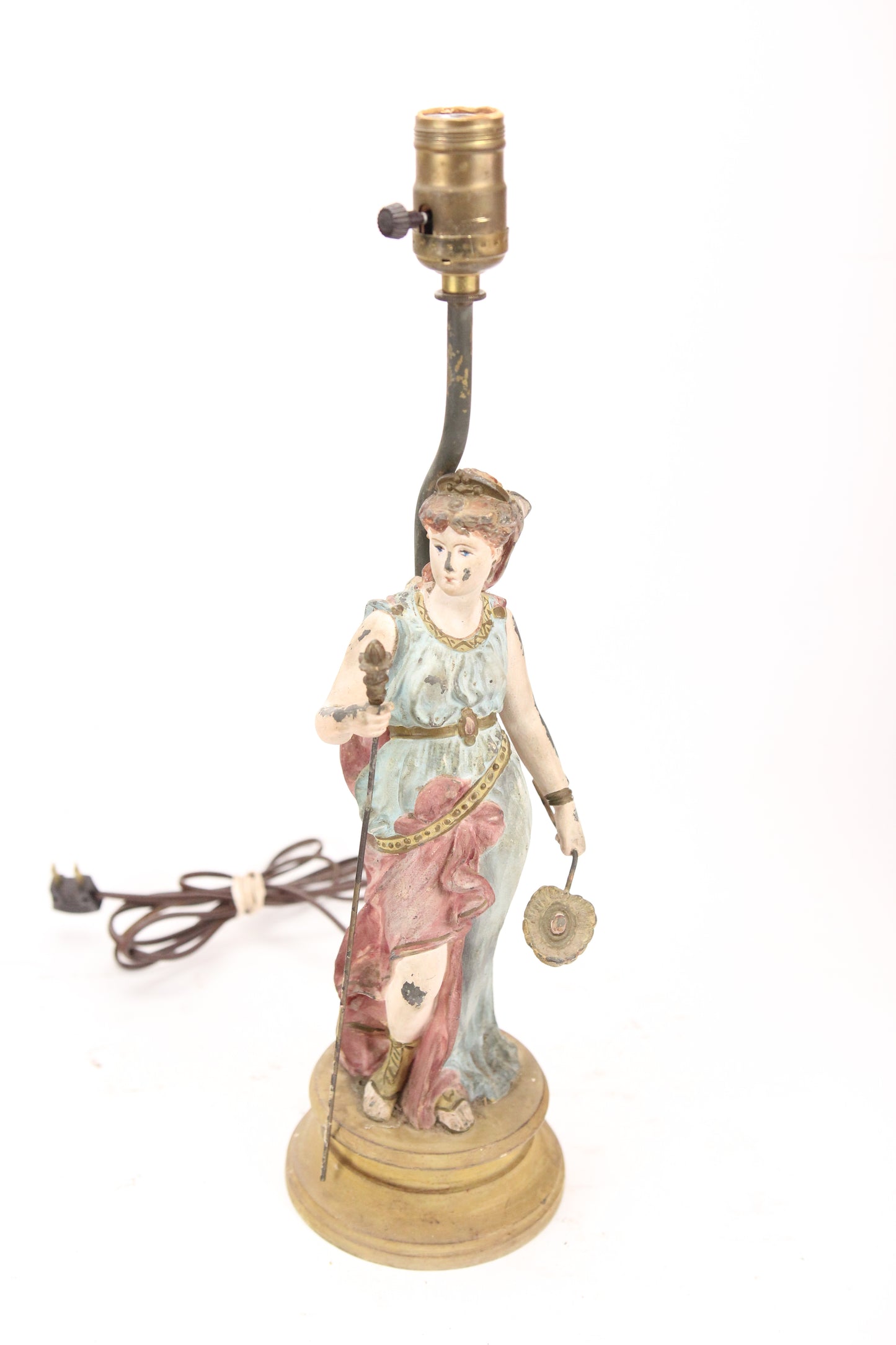 Antique Painted Metal Spelter Pot Metal Clock Topper Goddess Lamp