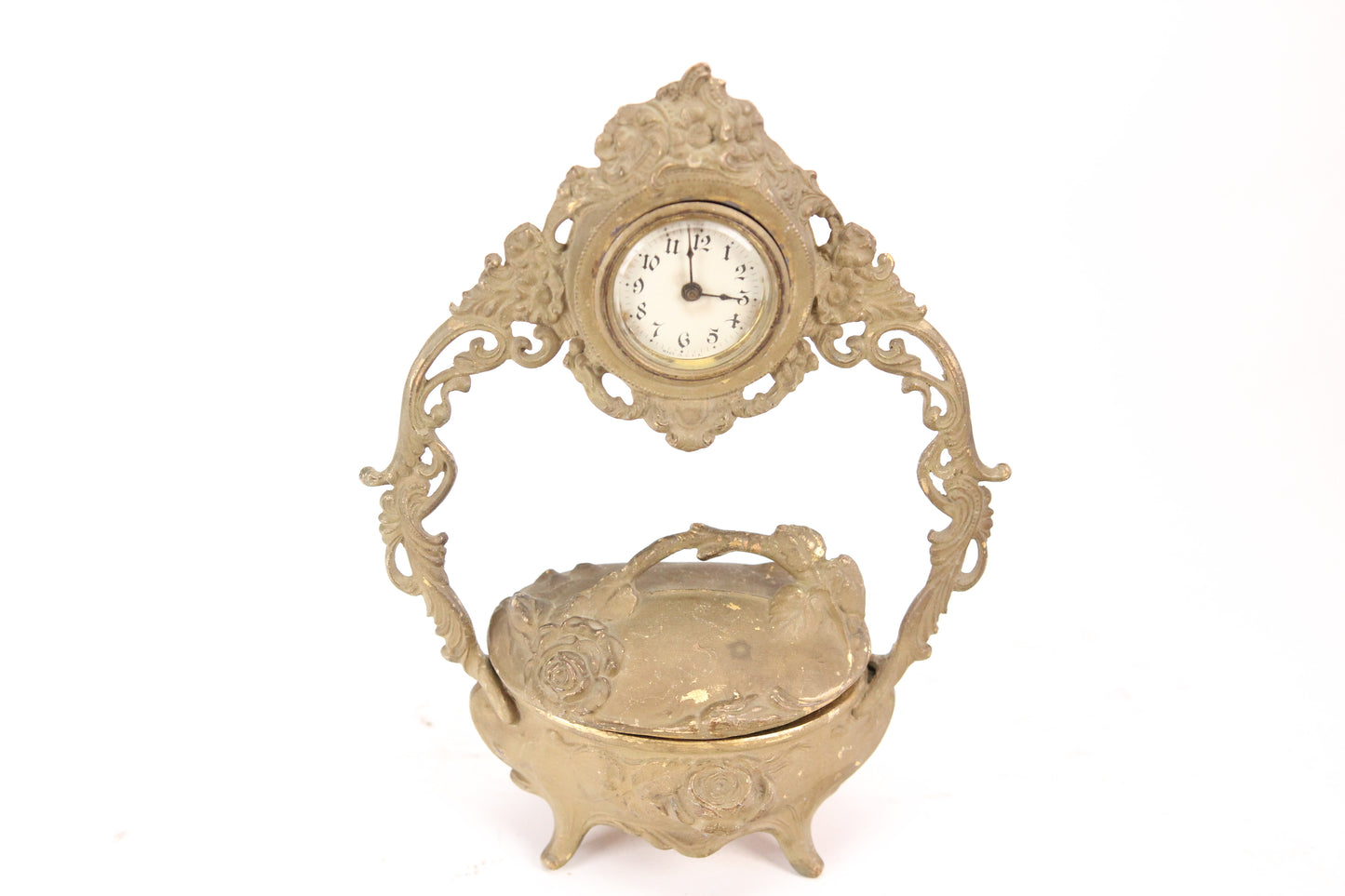 Antique Gold Brass Colored Metal Art Nouveau Clock with Keepsake Box