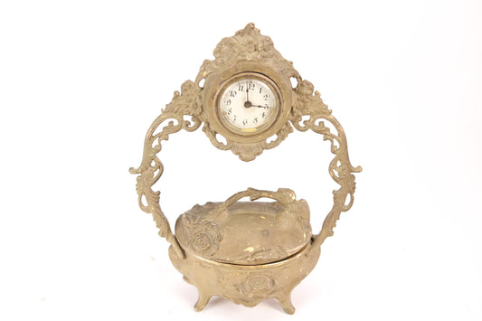 Antique Gold Brass Colored Metal Art Nouveau Clock with Keepsake Box