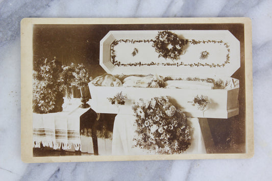 Postmortem Cabinet Card Photograph of a Little Girl in a White Coffin